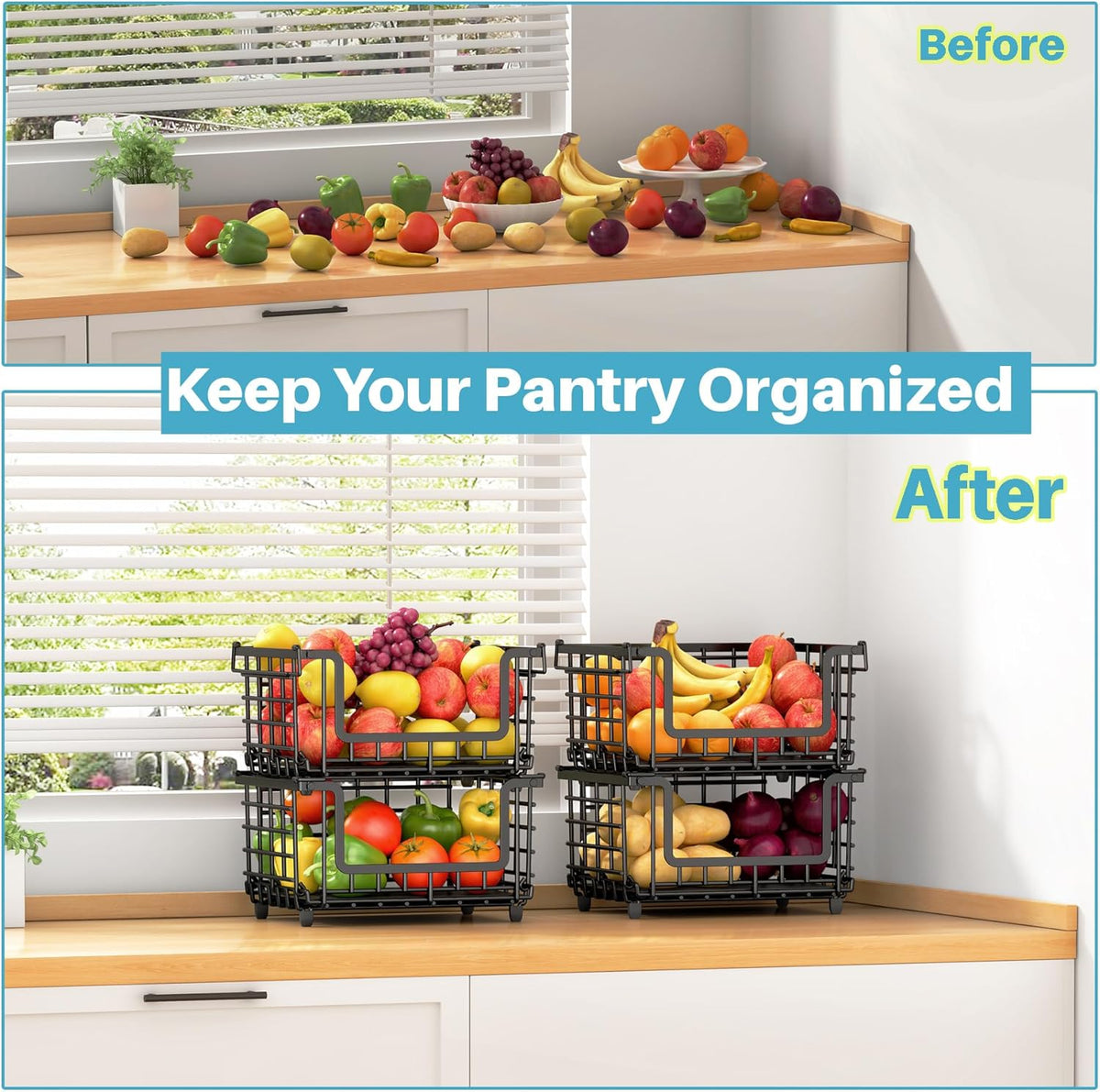 Stackable Metal Wire Vegetable Fruit Basket for Kitchen Counter Cabinet, Pantry Organizers and Storage Basket, Food Can Snack Onion Potato Bread Storage Shelf Freezer Organizer Bins Containers