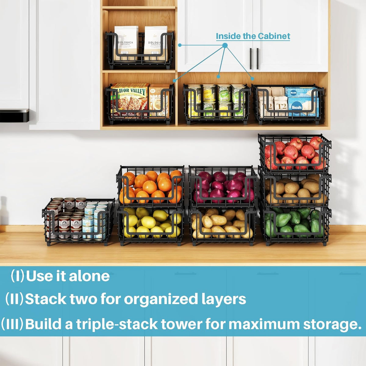 Stackable Metal Wire Vegetable Fruit Basket for Kitchen Counter Cabinet, Pantry Organizers and Storage Basket, Food Can Snack Onion Potato Bread Storage Shelf Freezer Organizer Bins Containers