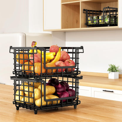Stackable Metal Wire Vegetable Fruit Basket for Kitchen Counter Cabinet, Pantry Organizers and Storage Basket, Food Can Snack Onion Potato Bread Storage Shelf Freezer Organizer Bins Containers