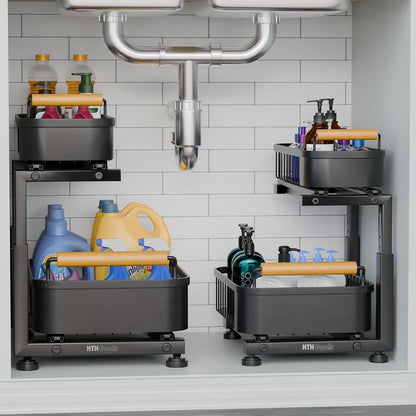 Premium Large Under Sink Organizer, 2-Tier Pull Out, Adjustable | Heavy-duty carbon steel, 7 adjustable heights and smooth ball-bearing sliding baskets for kitchen and bathroom cabinets