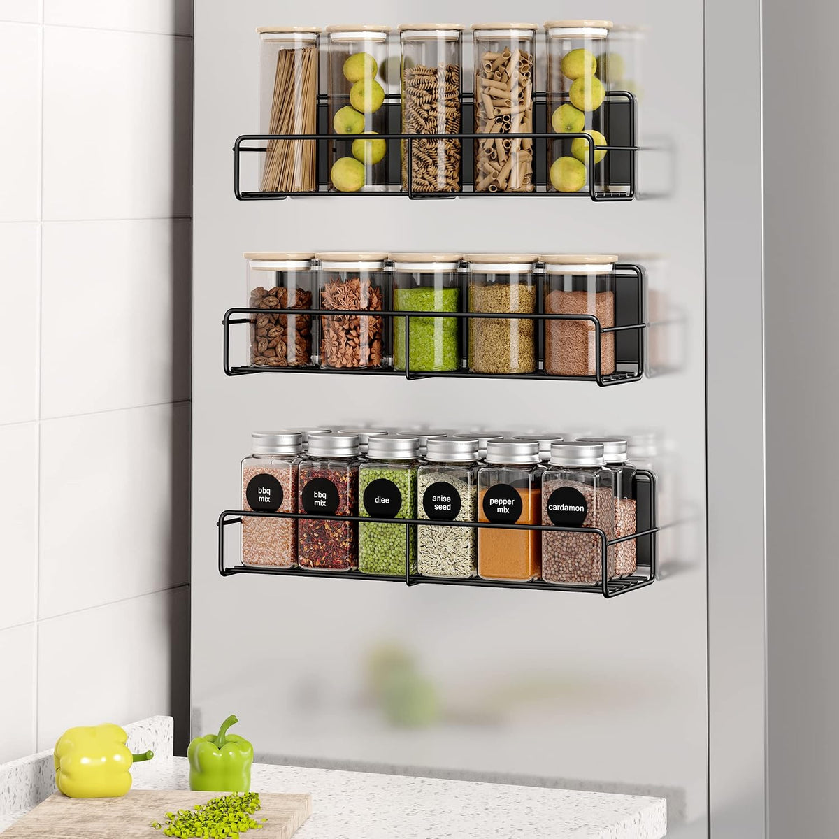 16.9 Inch Large Capacity Magnetic Spice Rack for Refrigerator Black