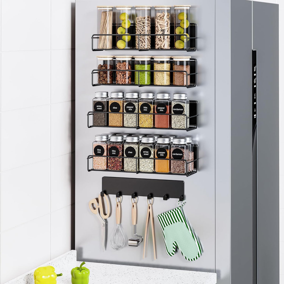 16.9 Inch Large Capacity Magnetic Spice Rack for Refrigerator Black