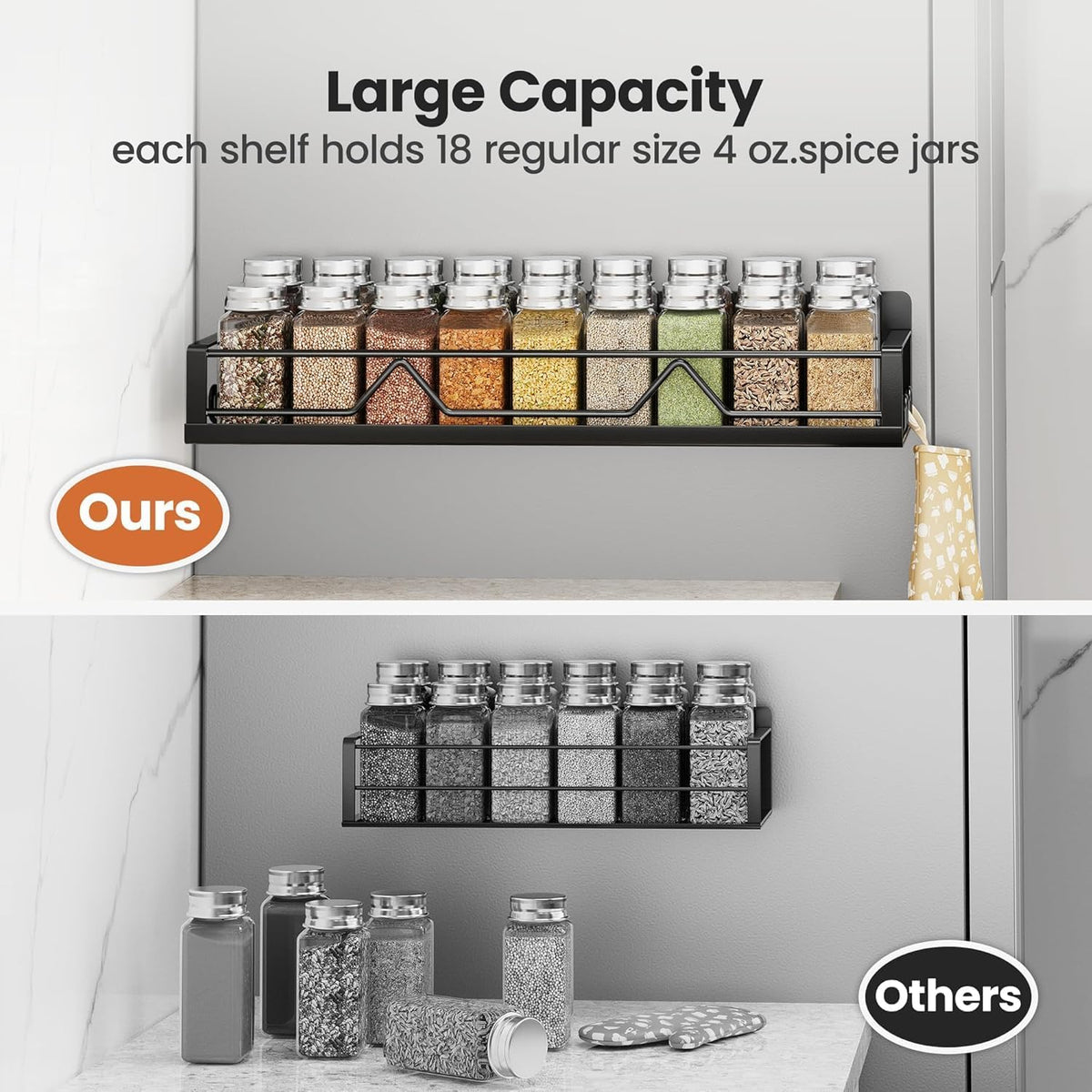 16.9 Inch Large Capacity Magnetic Spice Rack for Refrigerator Black