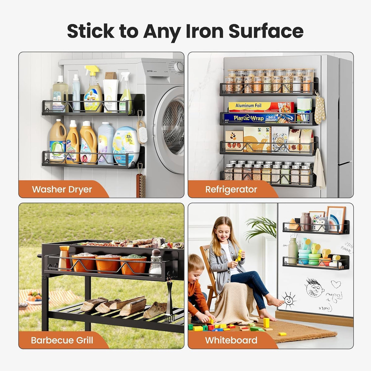 16.9 Inch Large Capacity Magnetic Spice Rack for Refrigerator Black