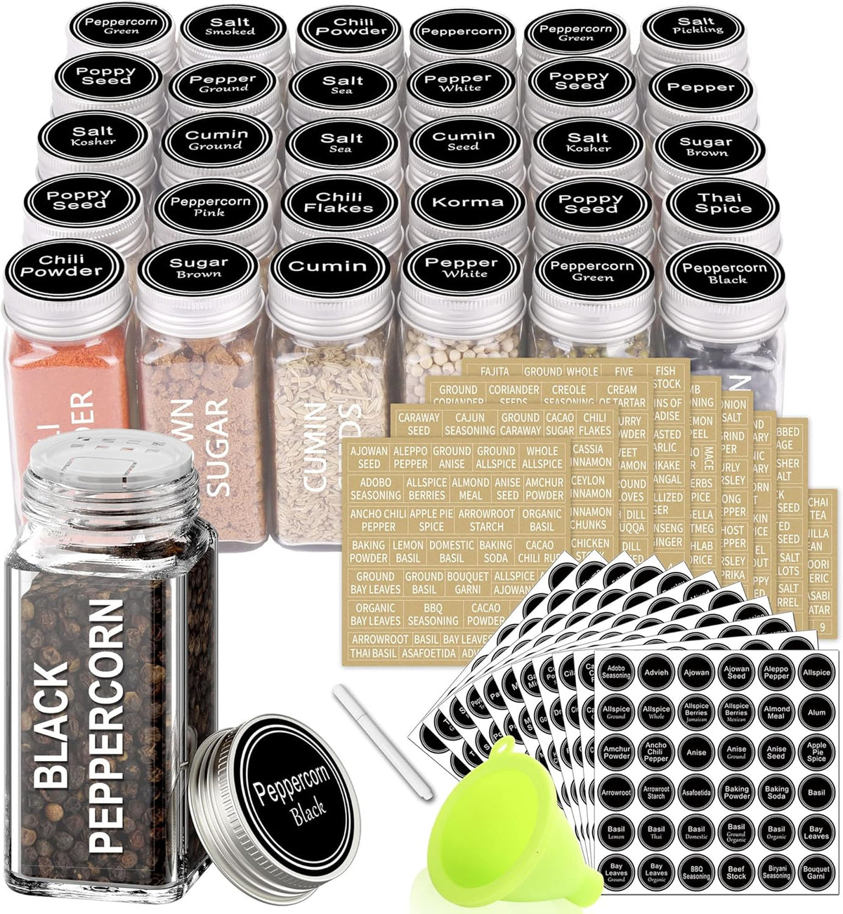 30 Pcs Glass Spice Jars with Lids, 4oz Spice Bottles with Labels | Square Spice Containers with Shaker Lids, 703 Labels, Chalk Marker, Funnel- Seasoning Bottles for Racks, Cabinets, Drawers