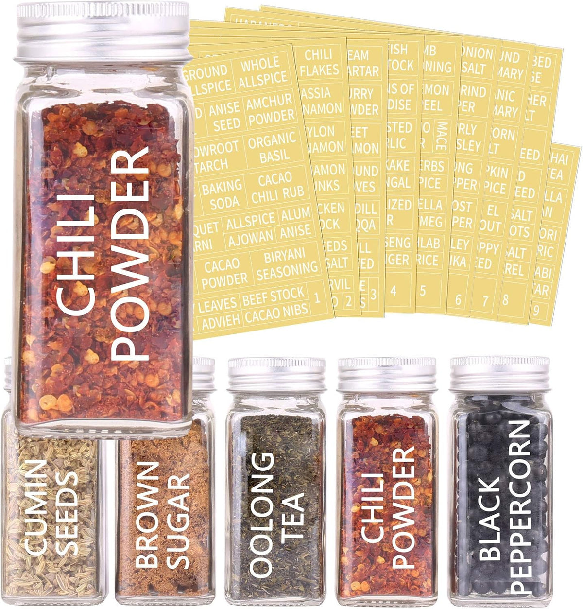30 Pcs Glass Spice Jars with Lids, 4oz Spice Bottles with Labels | Square Spice Containers with Shaker Lids, 703 Labels, Chalk Marker, Funnel- Seasoning Bottles for Racks, Cabinets, Drawers