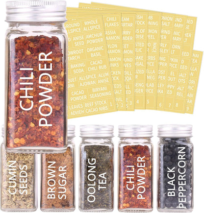 30 Pcs Glass Spice Jars with Lids, 4oz Spice Bottles with Labels | Square Spice Containers with Shaker Lids, 703 Labels, Chalk Marker, Funnel- Seasoning Bottles for Racks, Cabinets, Drawers