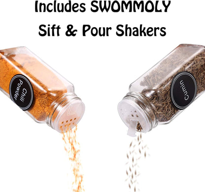 30 Pcs Glass Spice Jars with Lids, 4oz Spice Bottles with Labels | Square Spice Containers with Shaker Lids, 703 Labels, Chalk Marker, Funnel- Seasoning Bottles for Racks, Cabinets, Drawers
