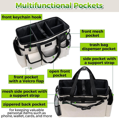 Cleaning Caddy Organizer with Handle - Large Caddy Bag for House & Bathroom Cleaning Supplies, 15 x 8 x 10.5 inches Cleaning Supply Caddy, Housekeeping Tote with Adjustable Strap - Beige