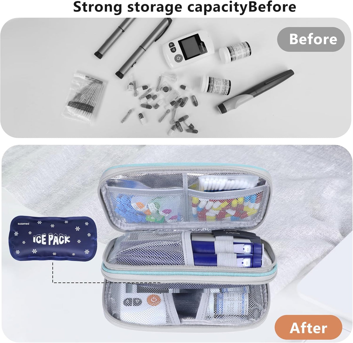 Insulin Cooler Travel Case, Double Layer Medicine Kit Diabetes Travel Case, Portable Medicine Organizer with 2Pack 150g Ice Pack TSA Approved for Insulin Pens Diabetic Supplies (Black)