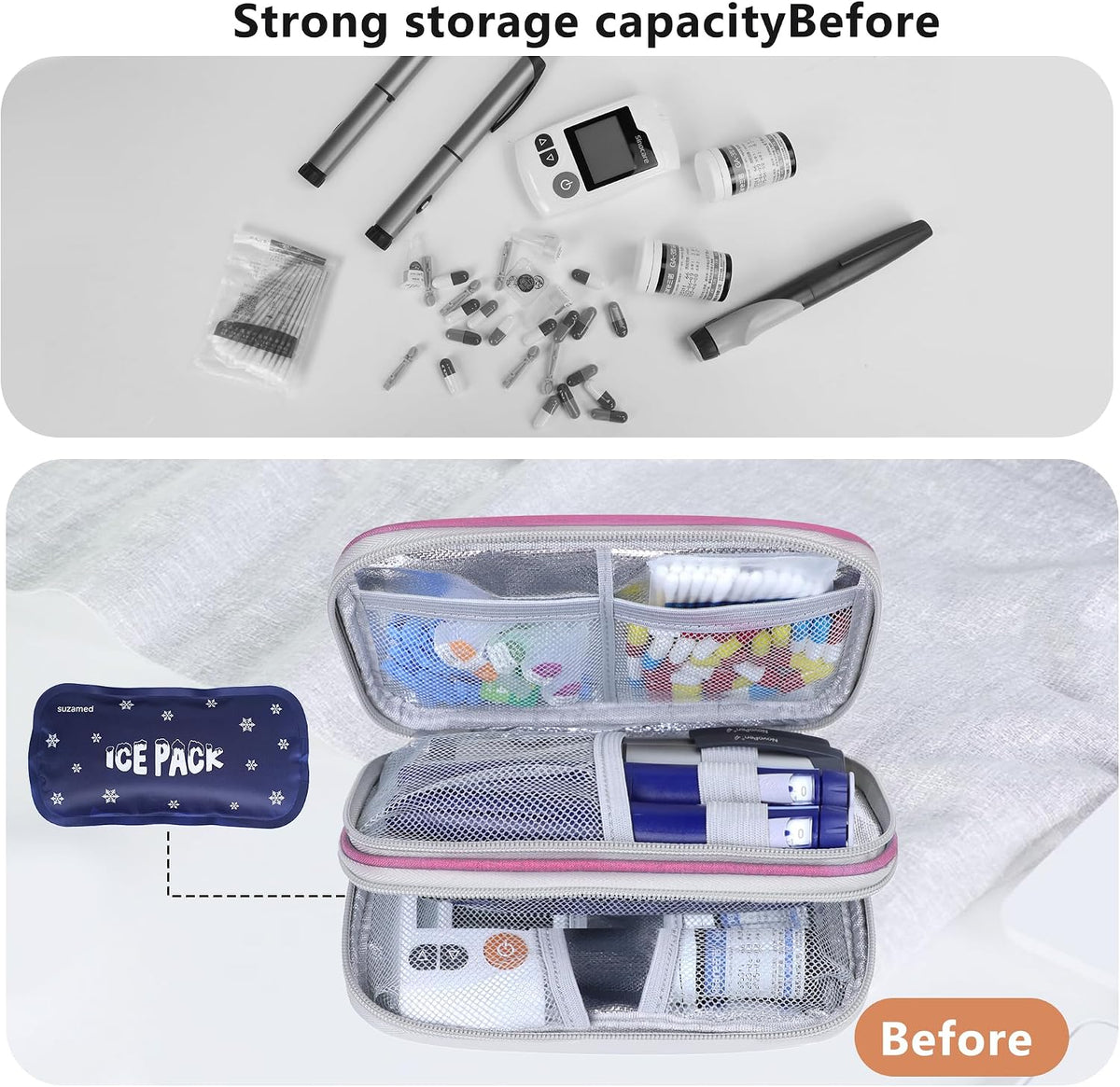 Insulin Cooler Travel Case, Double Layer Medicine Kit Diabetes Travel Case, Portable Medicine Organizer with 2Pack 150g Ice Pack TSA Approved for Insulin Pens Diabetic Supplies (Black)