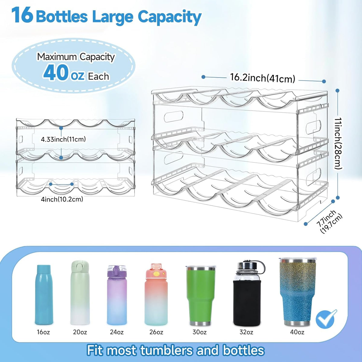 Large Compartment Water Bottle Organizer,4 Tier Stackable Water Bottle Rack for Cabinet,Tumbler Storage Organizer for Kitchen,Fridge,Cabinet Organization and Storage,Clear Water Bottle Storage Rack