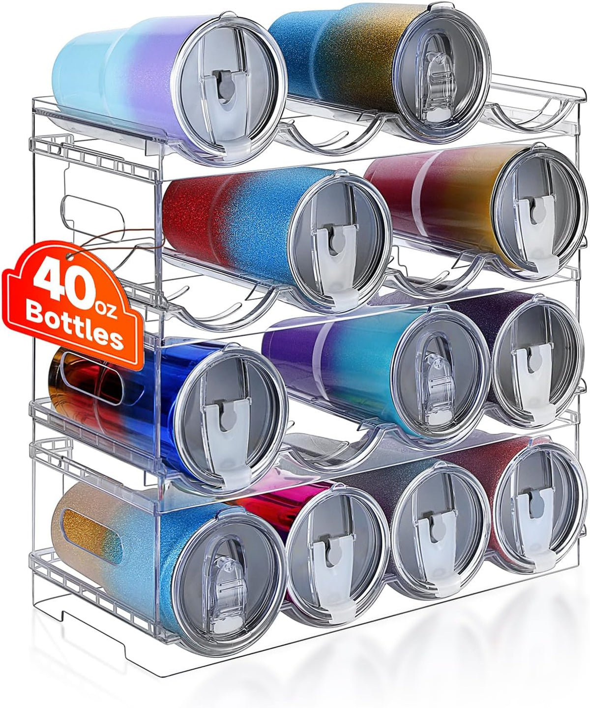 Large Compartment Water Bottle Organizer,4 Tier Stackable Water Bottle Rack for Cabinet,Tumbler Storage Organizer for Kitchen,Fridge,Cabinet Organization and Storage,Clear Water Bottle Storage Rack