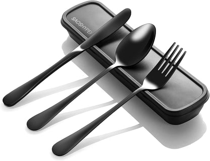 Travel Utensils with Case, 4-Piece Stainless Steel Set, Black