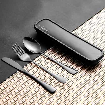 Travel Utensils with Case, 4-Piece Stainless Steel Set, Black