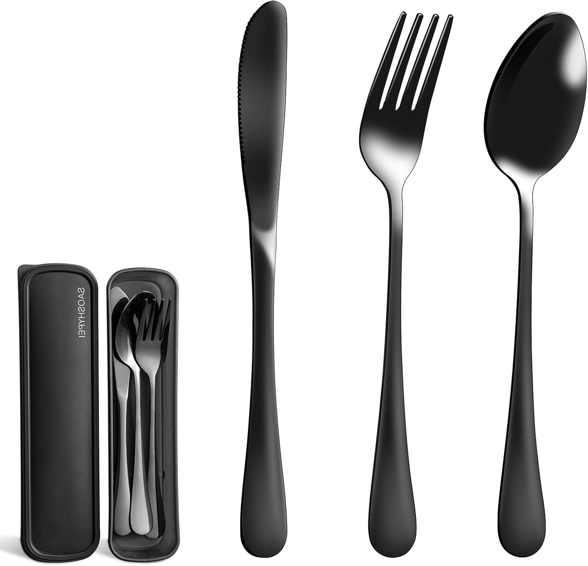 Travel Utensils with Case, 4-Piece Stainless Steel Set, Black
