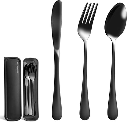 Travel Utensils with Case, 4-Piece Stainless Steel Set, Black