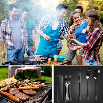 Travel Utensils with Case, 4-Piece Stainless Steel Set, Black