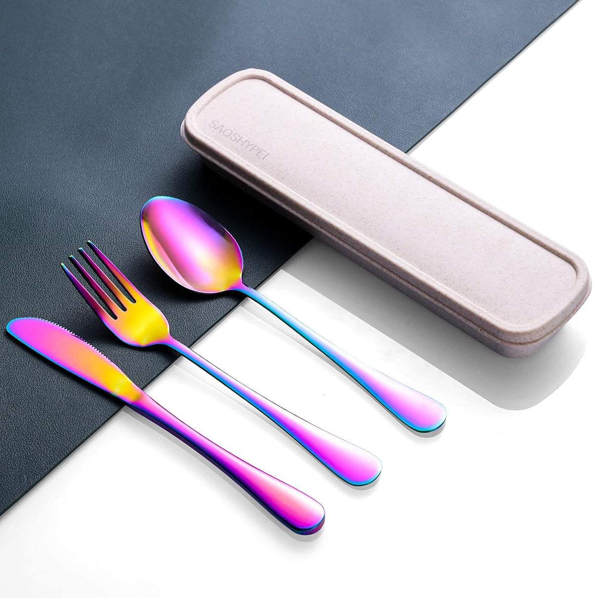 Travel Utensils with Case, 4-Piece Stainless Steel Set, Black