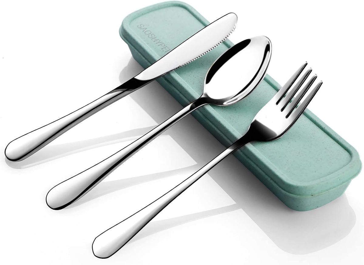 Travel Utensils with Case, 4-Piece Stainless Steel Set, Black