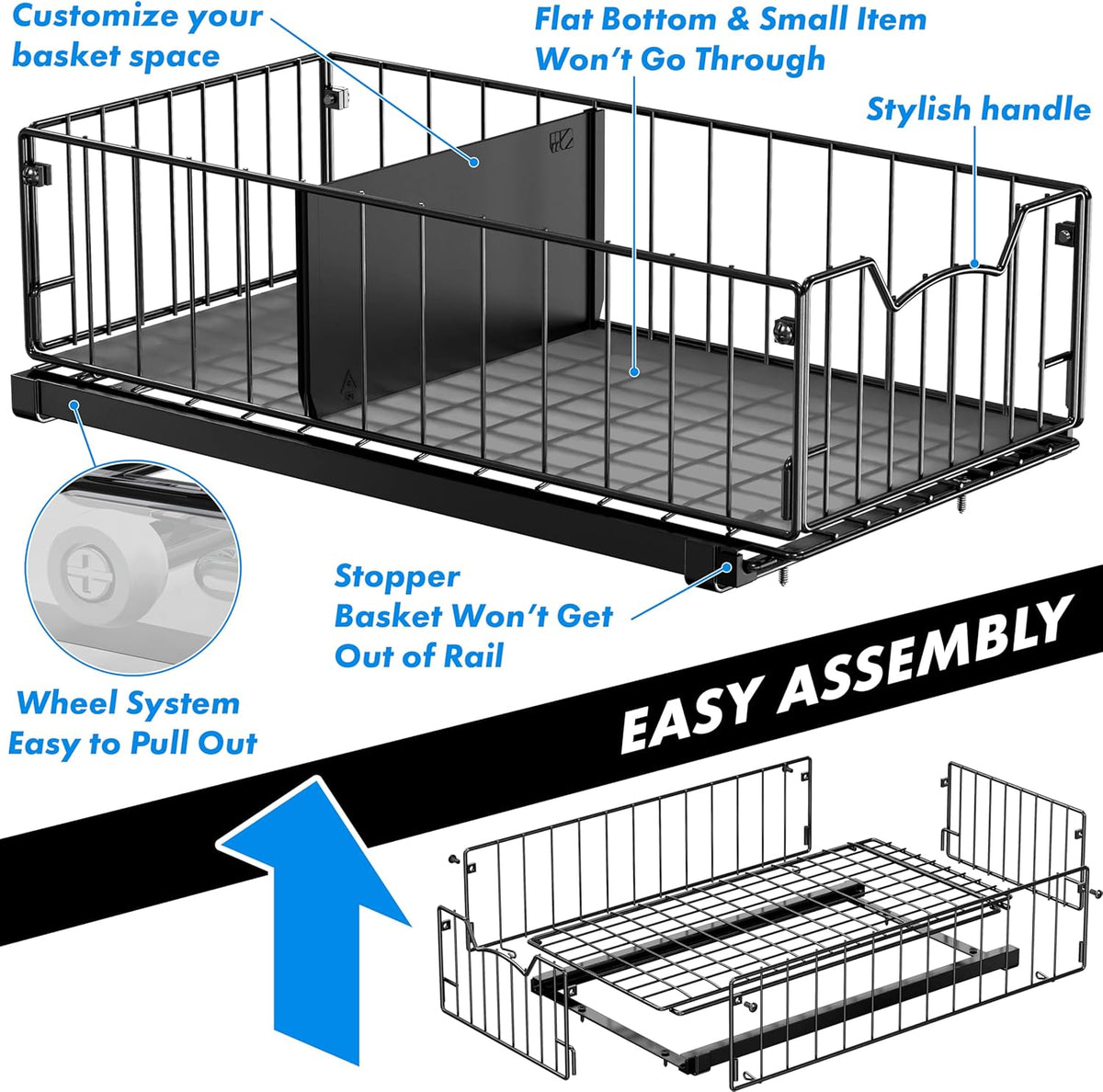 Pull-Out Cabinet Sliding Basket, 17.2Dx9.7Wx5H, Chrome | Ideal for Kitchen and Bathroom Cabinet Storage Organizer, Under Sink or Pantry Organization
