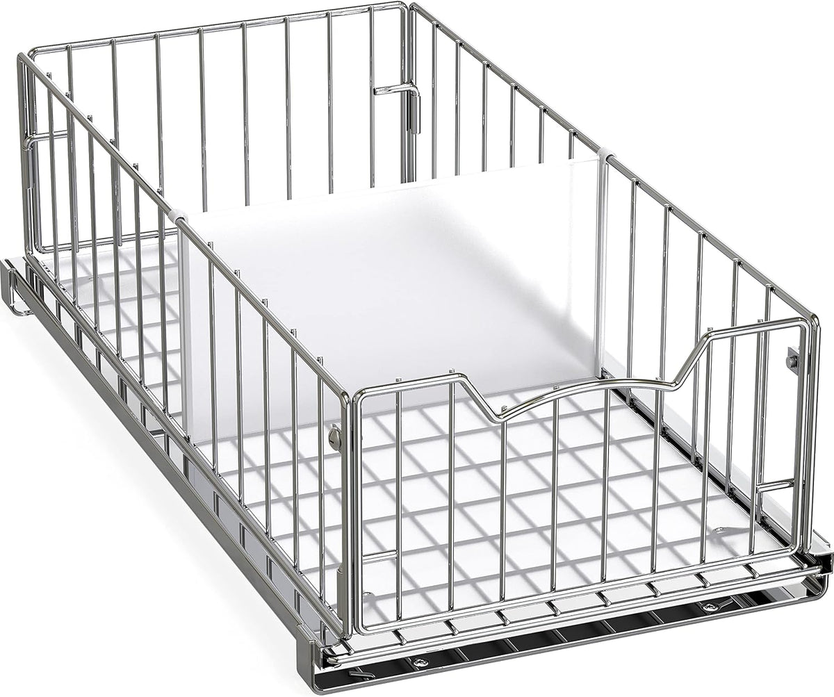 Pull-Out Cabinet Sliding Basket, 17.2Dx9.7Wx5H, Chrome | Ideal for Kitchen and Bathroom Cabinet Storage Organizer, Under Sink or Pantry Organization
