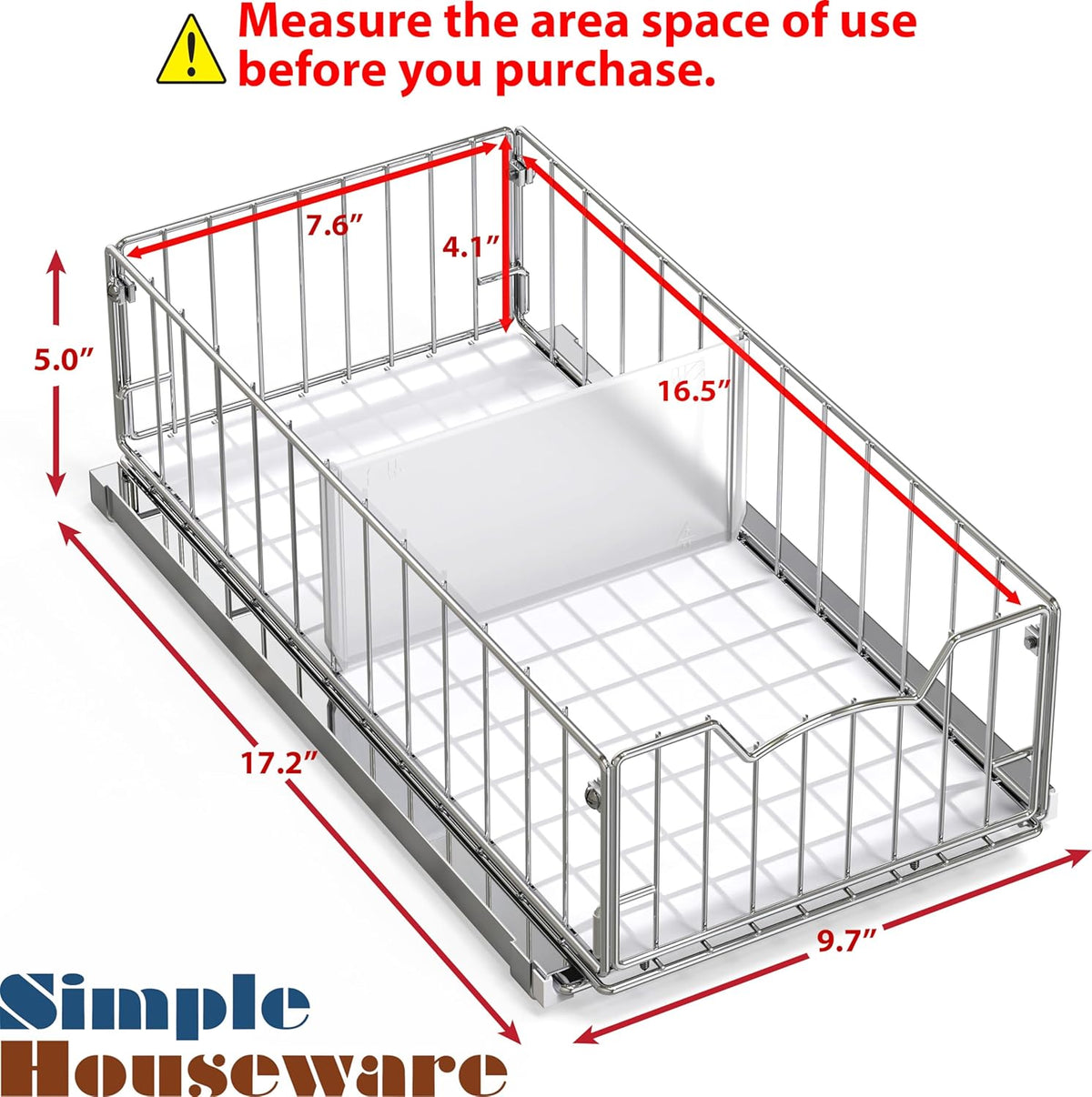 Pull-Out Cabinet Sliding Basket, 17.2Dx9.7Wx5H, Chrome | Ideal for Kitchen and Bathroom Cabinet Storage Organizer, Under Sink or Pantry Organization