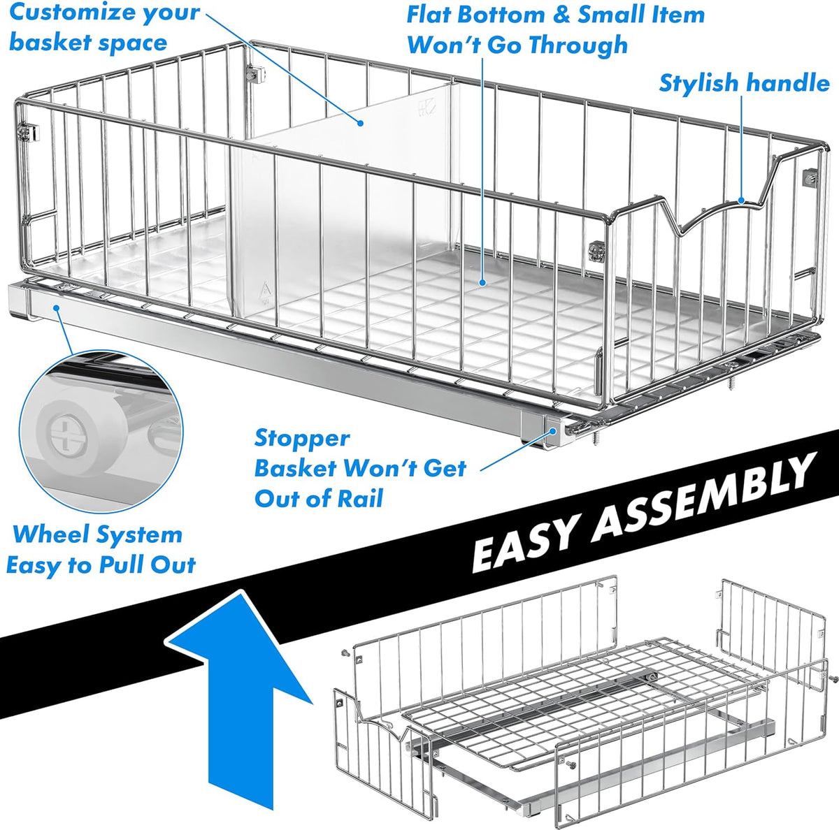 Pull-Out Cabinet Sliding Basket, 17.2Dx9.7Wx5H, Chrome | Ideal for Kitchen and Bathroom Cabinet Storage Organizer, Under Sink or Pantry Organization