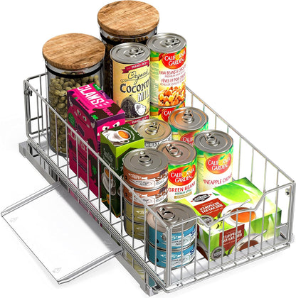 Pull-Out Cabinet Sliding Basket, 17.2Dx9.7Wx5H, Chrome | Ideal for Kitchen and Bathroom Cabinet Storage Organizer, Under Sink or Pantry Organization