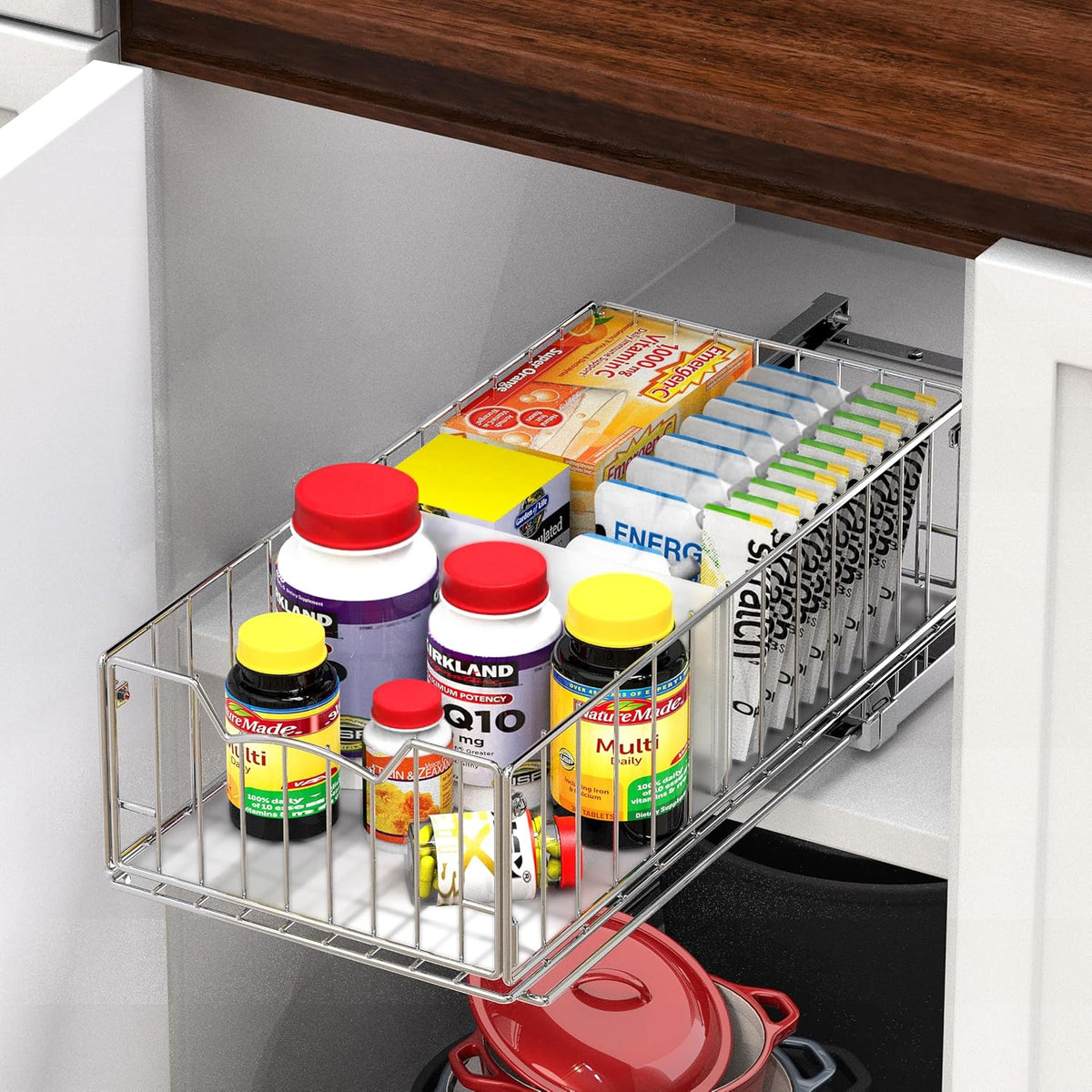 Pull-Out Cabinet Sliding Basket, 17.2Dx9.7Wx5H, Chrome | Ideal for Kitchen and Bathroom Cabinet Storage Organizer, Under Sink or Pantry Organization