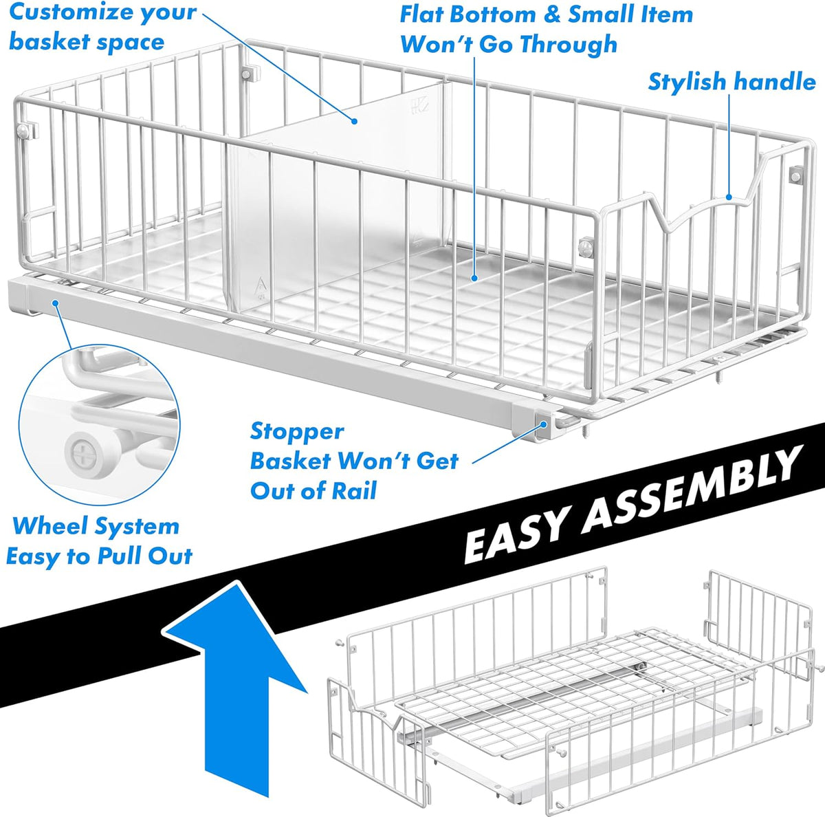 Pull-Out Cabinet Sliding Basket, 17.2Dx9.7Wx5H, Chrome | Ideal for Kitchen and Bathroom Cabinet Storage Organizer, Under Sink or Pantry Organization