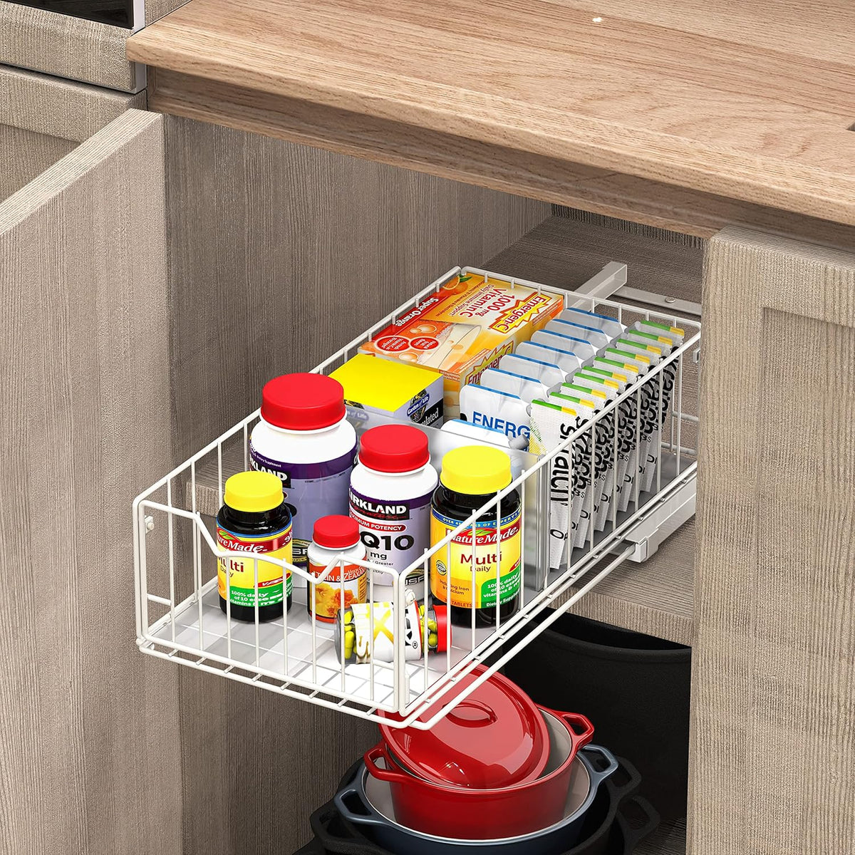 Pull-Out Cabinet Sliding Basket, 17.2Dx9.7Wx5H, Chrome | Ideal for Kitchen and Bathroom Cabinet Storage Organizer, Under Sink or Pantry Organization