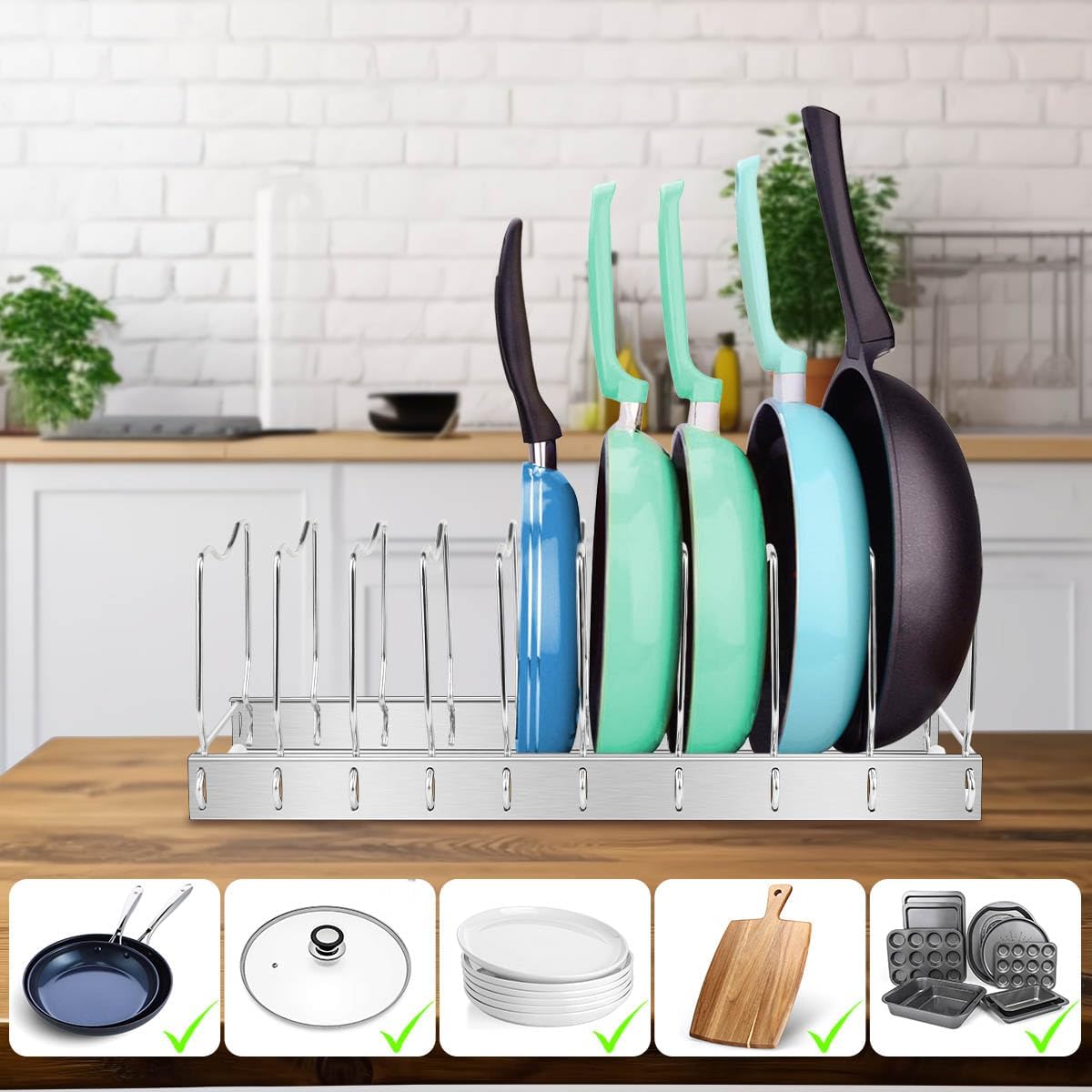 Lid Organizer Pot Lid Organizer Detachable and Adjustable Pots and Pans Organizer for Kitchen Cabinet Storage for Pots and Pans, Cutting Boards, Cooking Utensils
