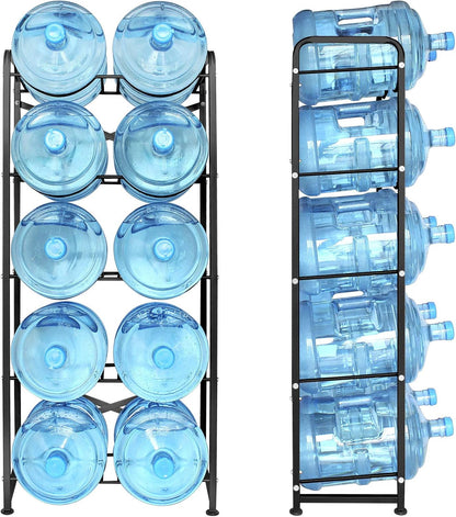 5 Gallon Water Bottle Holder for 10 Bottles, 5 Tiers Heavy-Duty Water Cooler Jug Rack with Reinforcement Frame for Kitchen Office, Black