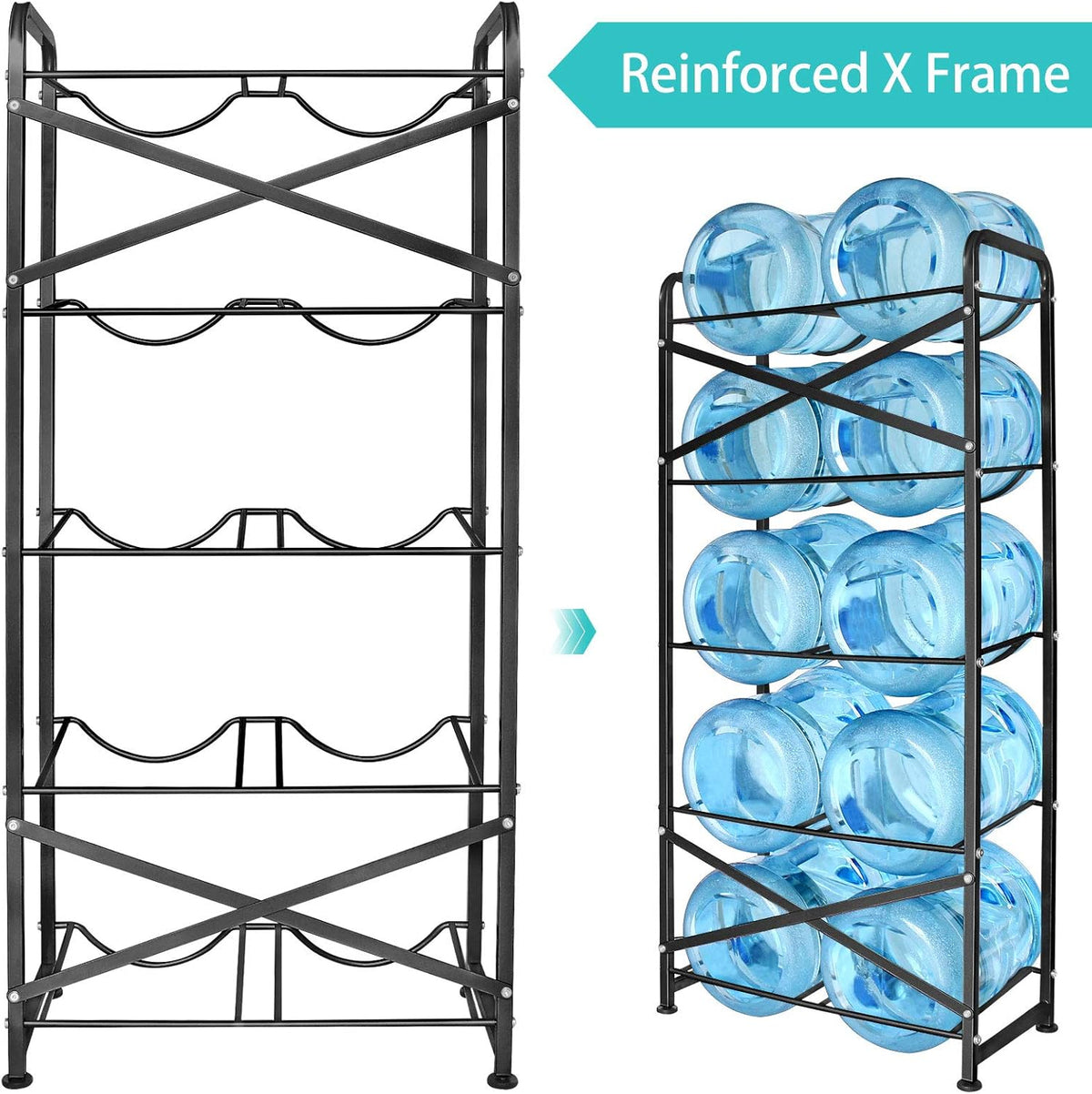 5 Gallon Water Bottle Holder for 10 Bottles, 5 Tiers Heavy-Duty Water Cooler Jug Rack with Reinforcement Frame for Kitchen Office, Black