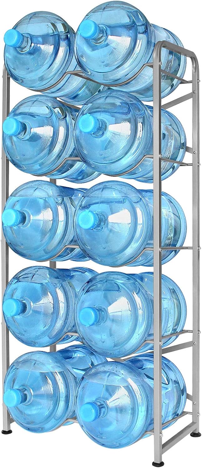 5 Gallon Water Bottle Holder for 10 Bottles, 5 Tiers Heavy-Duty Water Cooler Jug Rack with Reinforcement Frame for Kitchen Office, Black