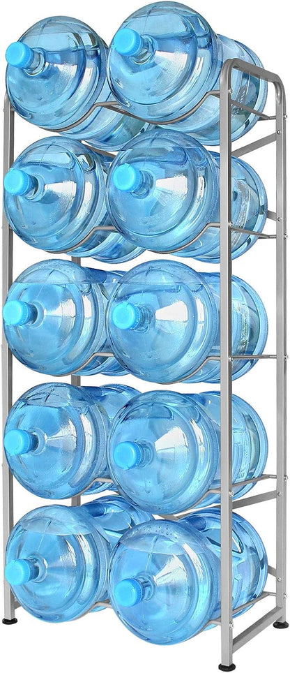 5 Gallon Water Bottle Holder for 10 Bottles, 5 Tiers Heavy-Duty Water Cooler Jug Rack with Reinforcement Frame for Kitchen Office, Black