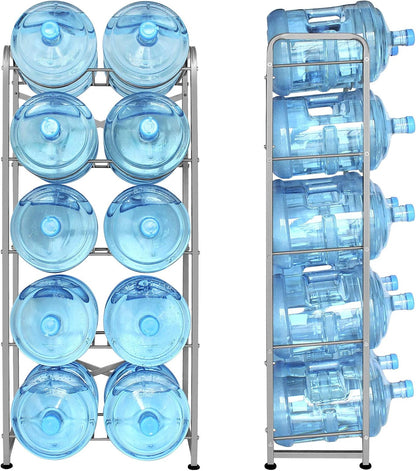 5 Gallon Water Bottle Holder for 10 Bottles, 5 Tiers Heavy-Duty Water Cooler Jug Rack with Reinforcement Frame for Kitchen Office, Black
