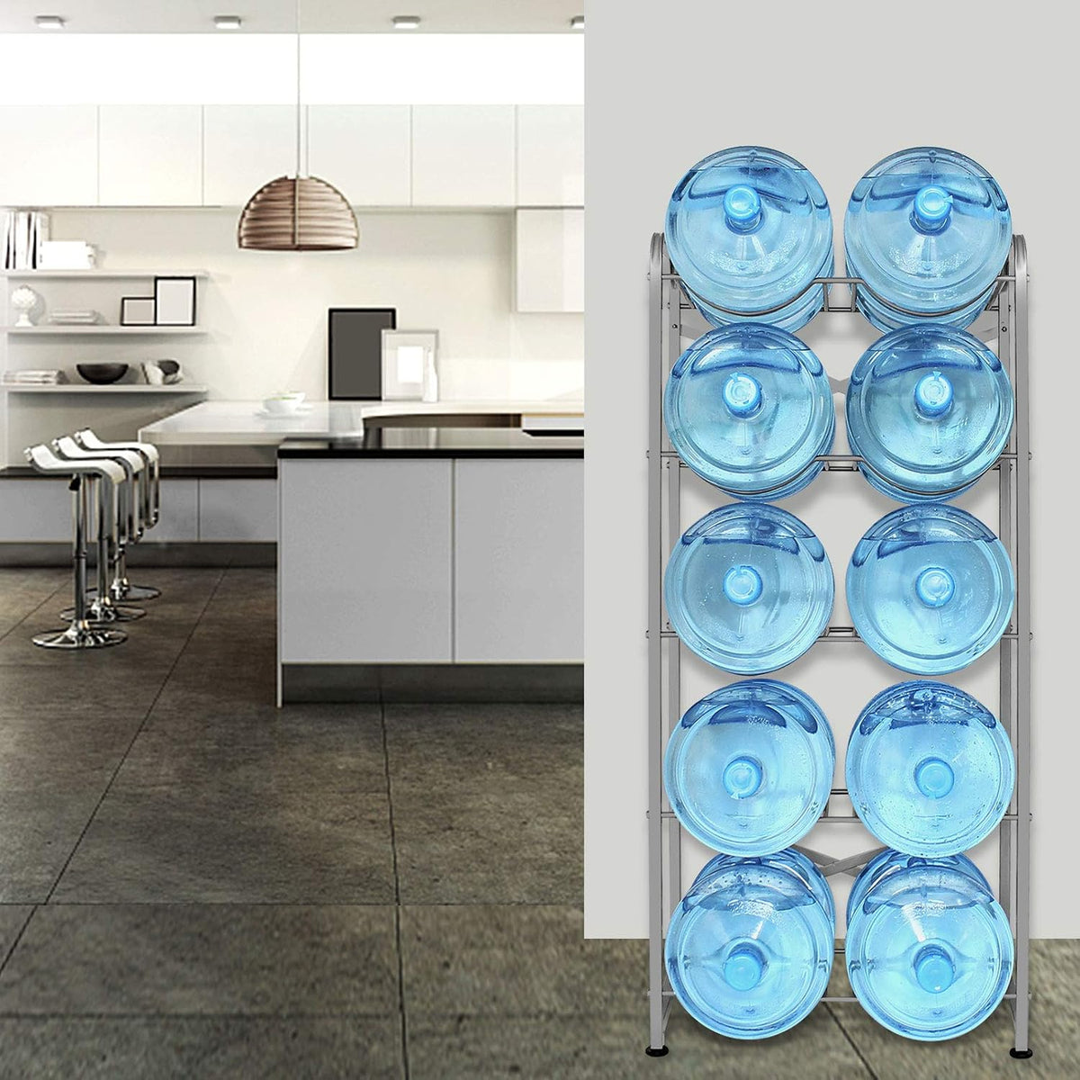 5 Gallon Water Bottle Holder for 10 Bottles, 5 Tiers Heavy-Duty Water Cooler Jug Rack with Reinforcement Frame for Kitchen Office, Black