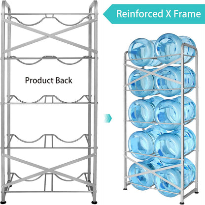 5 Gallon Water Bottle Holder for 10 Bottles, 5 Tiers Heavy-Duty Water Cooler Jug Rack with Reinforcement Frame for Kitchen Office, Black