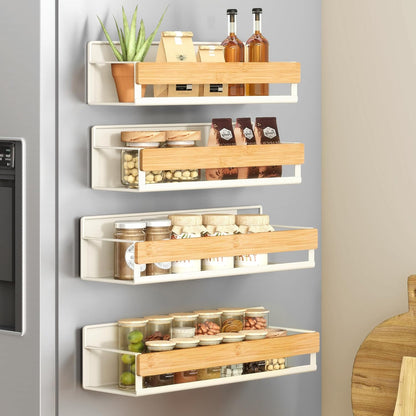 4-Pack Strong Magnetic Real Bamboo Spice Racks for Fridge | Kitchen Organizer Shelf, 11.8 x 4.1 x 3 / 10.6 x 3.6 x 3 in, Cream White and Light Bamboo, BYSTRO Collection, UKCS062WD01