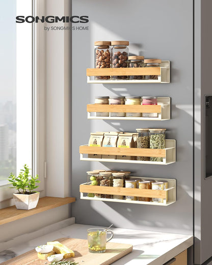 4-Pack Strong Magnetic Real Bamboo Spice Racks for Fridge | Kitchen Organizer Shelf, 11.8 x 4.1 x 3 / 10.6 x 3.6 x 3 in, Cream White and Light Bamboo, BYSTRO Collection, UKCS062WD01
