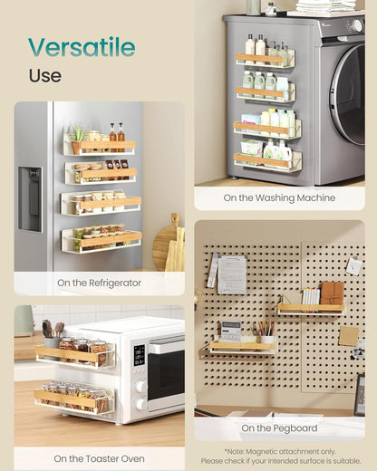 4-Pack Strong Magnetic Real Bamboo Spice Racks for Fridge | Kitchen Organizer Shelf, 11.8 x 4.1 x 3 / 10.6 x 3.6 x 3 in, Cream White and Light Bamboo, BYSTRO Collection, UKCS062WD01