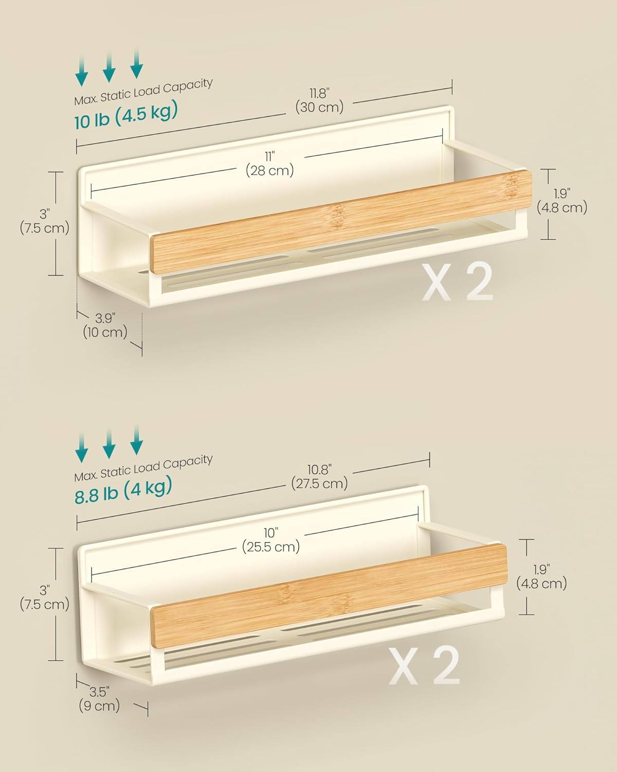 4-Pack Strong Magnetic Real Bamboo Spice Racks for Fridge | Kitchen Organizer Shelf, 11.8 x 4.1 x 3 / 10.6 x 3.6 x 3 in, Cream White and Light Bamboo, BYSTRO Collection, UKCS062WD01
