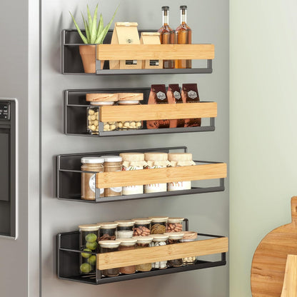 4-Pack Strong Magnetic Real Bamboo Spice Racks for Fridge | Kitchen Organizer Shelf, 11.8 x 4.1 x 3 / 10.6 x 3.6 x 3 in, Cream White and Light Bamboo, BYSTRO Collection, UKCS062WD01