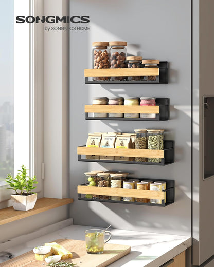 4-Pack Strong Magnetic Real Bamboo Spice Racks for Fridge | Kitchen Organizer Shelf, 11.8 x 4.1 x 3 / 10.6 x 3.6 x 3 in, Cream White and Light Bamboo, BYSTRO Collection, UKCS062WD01