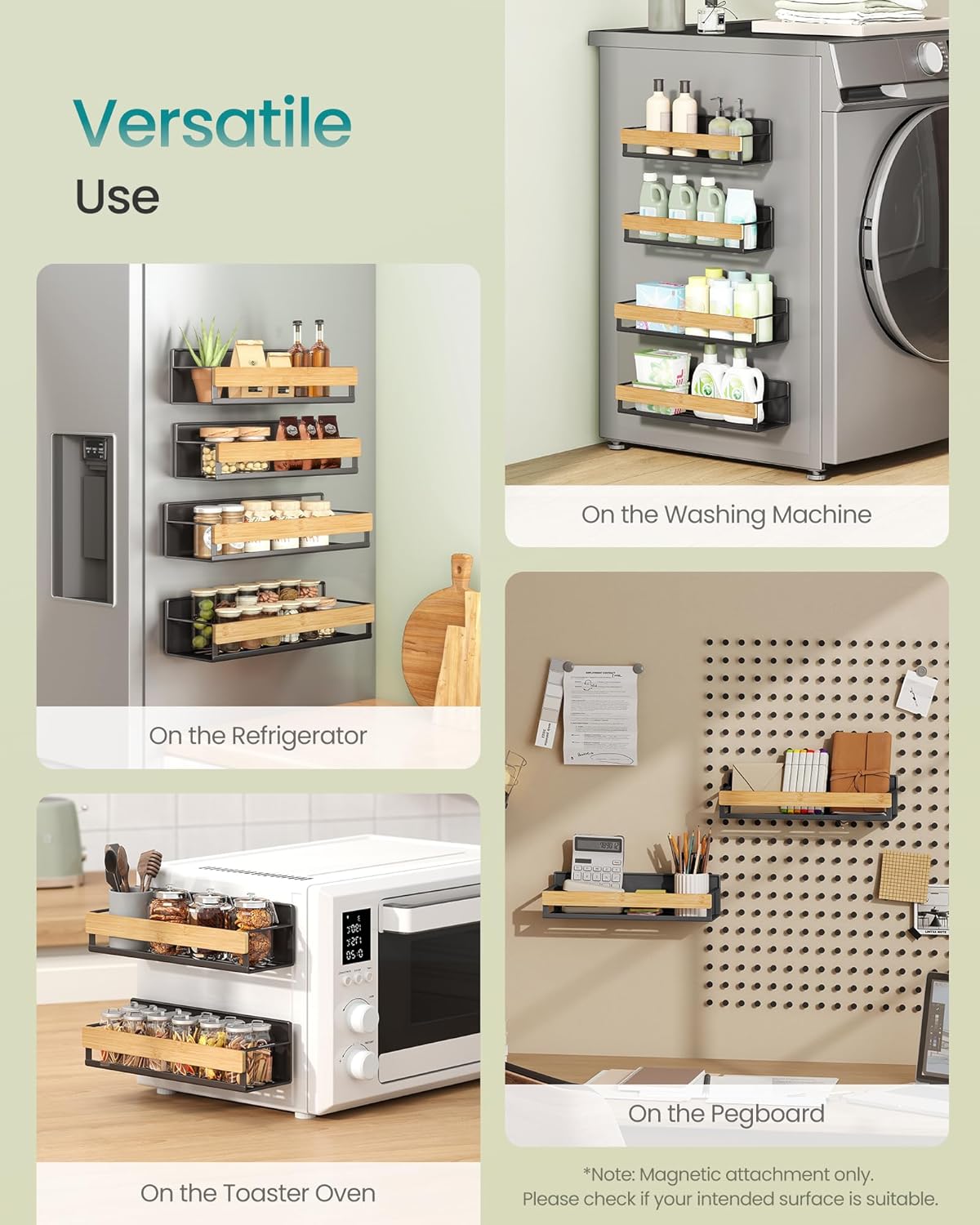 4-Pack Strong Magnetic Real Bamboo Spice Racks for Fridge | Kitchen Organizer Shelf, 11.8 x 4.1 x 3 / 10.6 x 3.6 x 3 in, Cream White and Light Bamboo, BYSTRO Collection, UKCS062WD01
