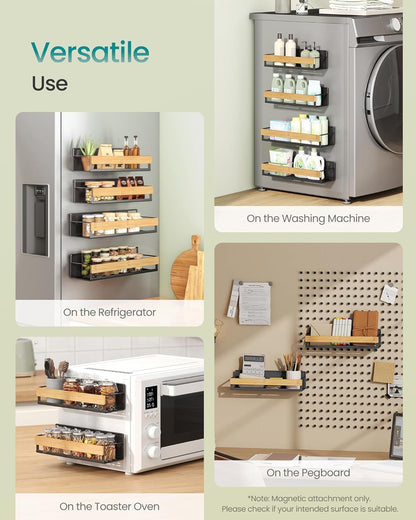 4-Pack Strong Magnetic Real Bamboo Spice Racks for Fridge | Kitchen Organizer Shelf, 11.8 x 4.1 x 3 / 10.6 x 3.6 x 3 in, Cream White and Light Bamboo, BYSTRO Collection, UKCS062WD01