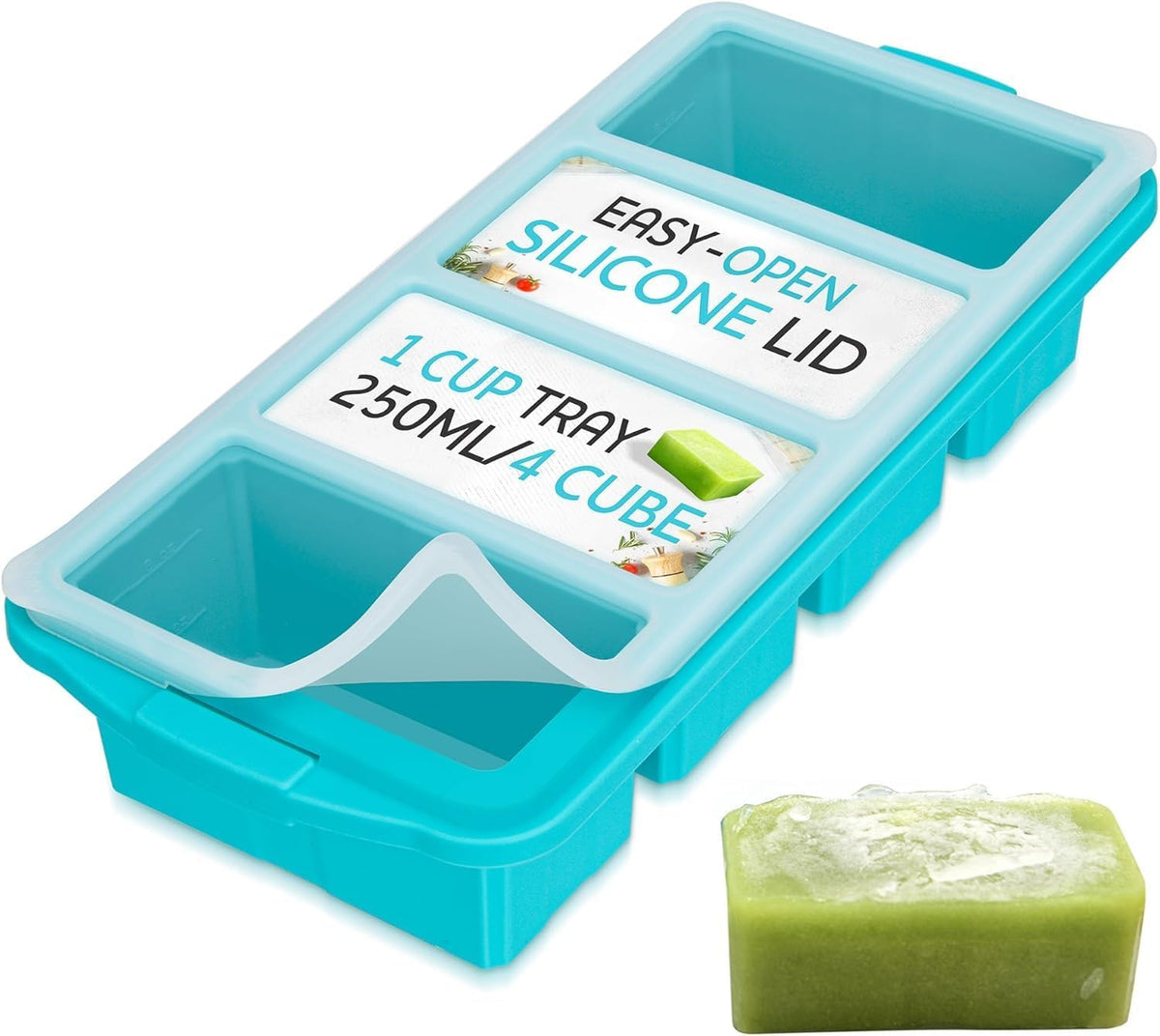 Silicone Freezer Tray With Lid - Soup Freezer Container molds - Large Ice Cube Tray- makes 8 perfect 1 cup portions cubes, 2-Pack Freezer Storage Food Soups & Meal Prep - Oven & Dishwasher -Safe