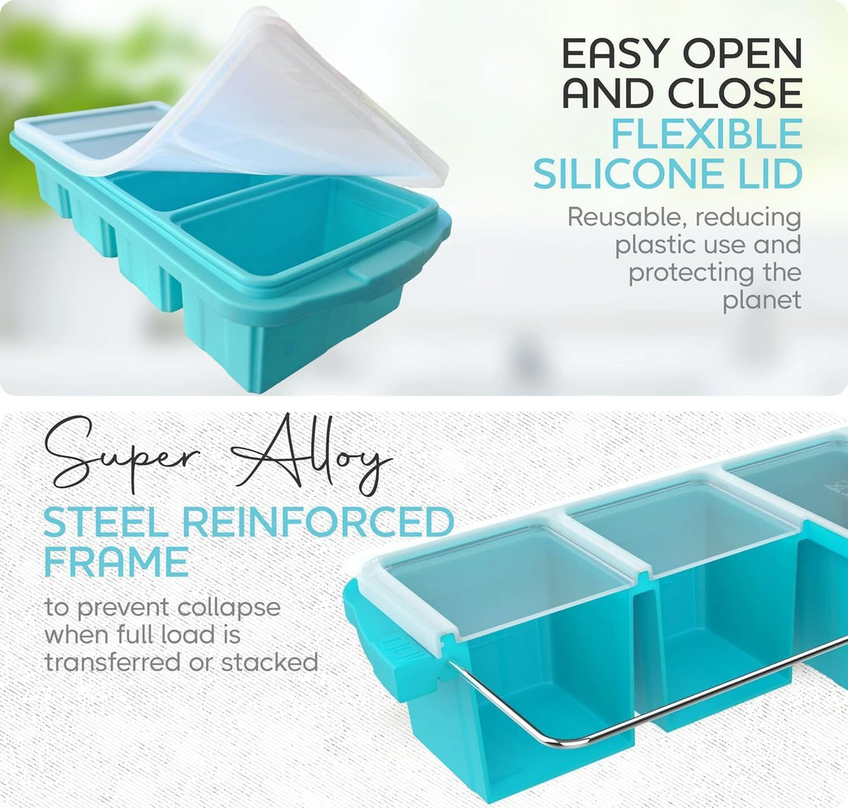 Silicone Freezer Tray With Lid - Soup Freezer Container molds - Large Ice Cube Tray- makes 8 perfect 1 cup portions cubes, 2-Pack Freezer Storage Food Soups & Meal Prep - Oven & Dishwasher -Safe